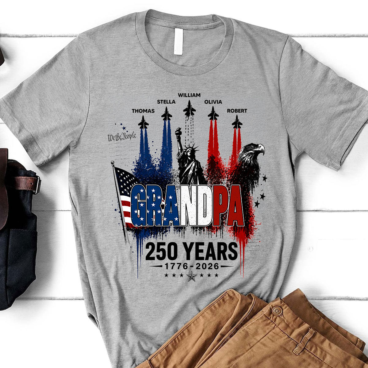 Strong Proud Grandpa Jet Fighter America 250th Anniversary - Personalized Shirt - Father's Day Gift For Dad, Grandpa