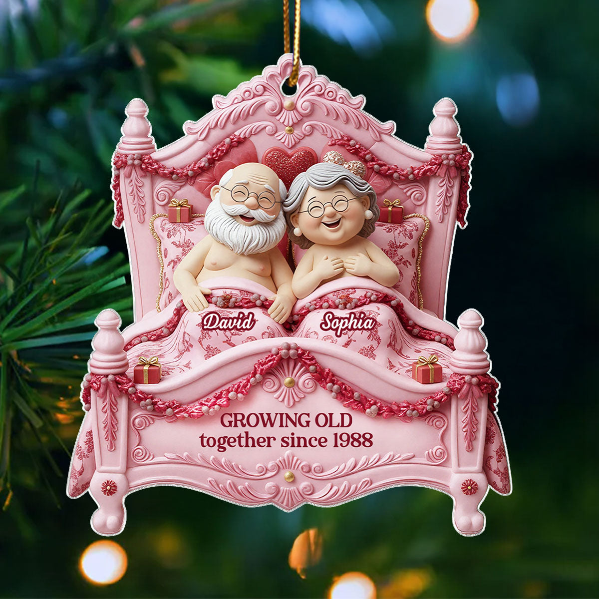 Growing Old Together Elderly Couple On Bed - Personalized Acrylic Ornament - Gift for Couple, for Her, for Him