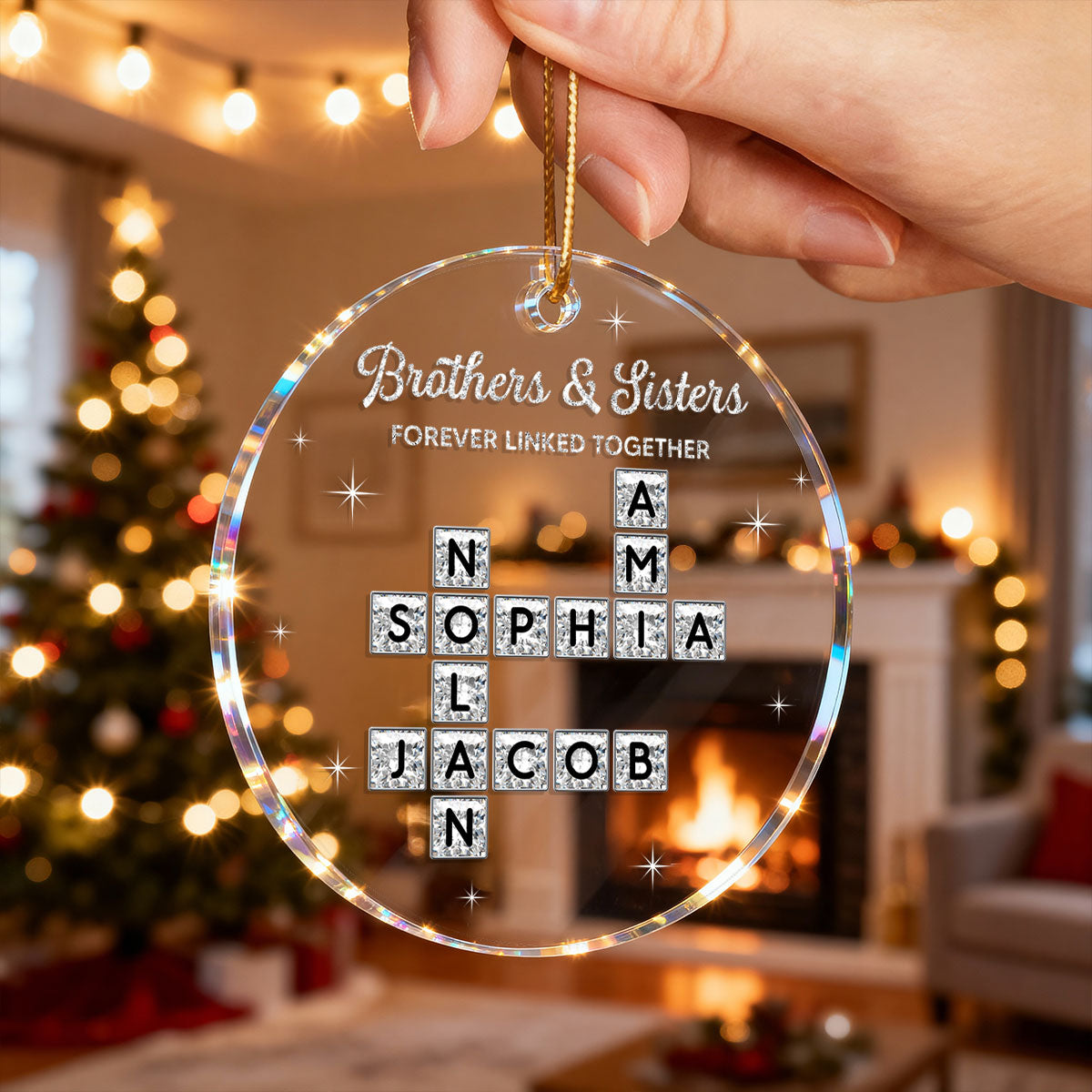 3D Shining Effect Brothers Sisters Crossword Puzzle Art - Personalized Acrylic Ornament - Christmas Gift For Siblings, Brothers, Sisters