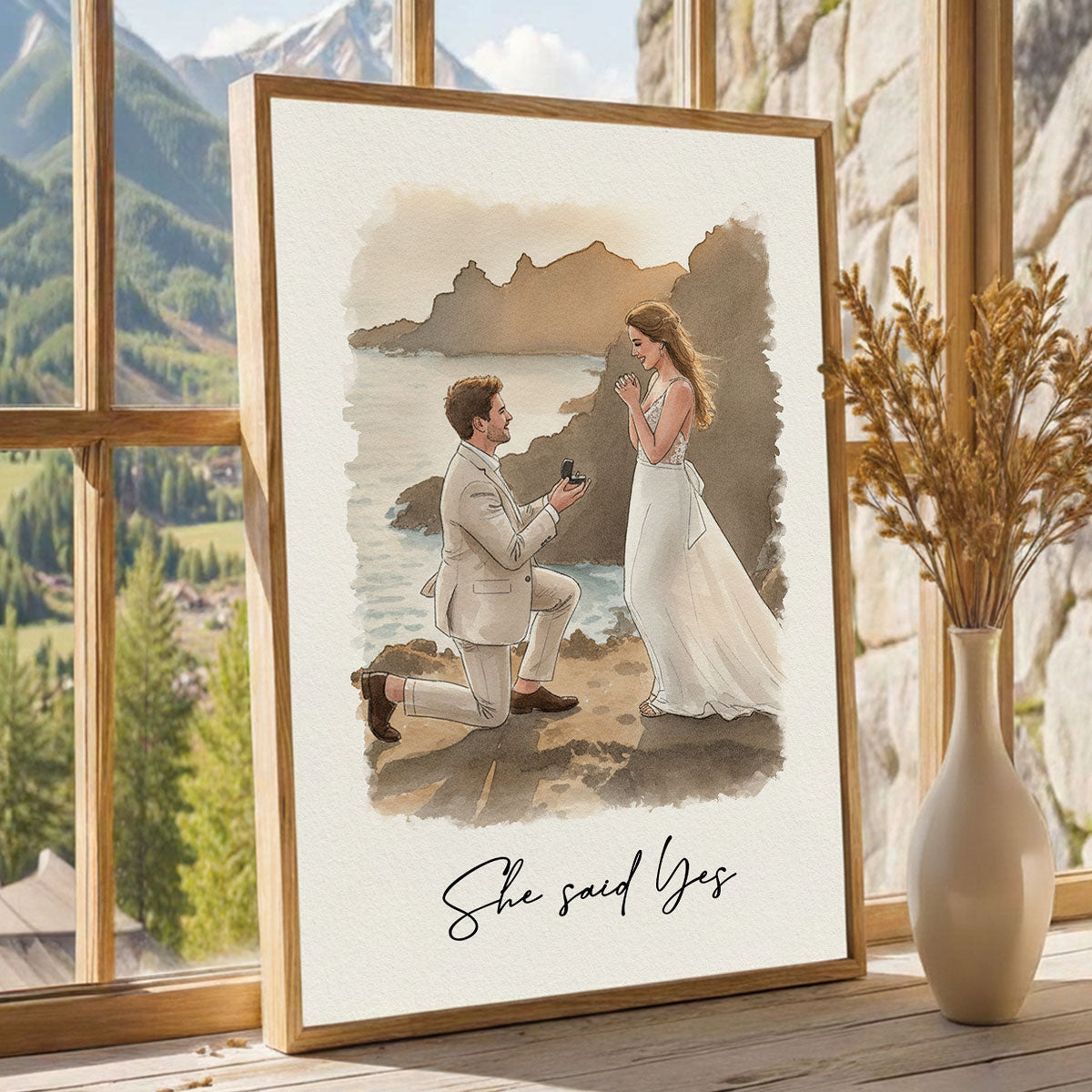 Watercolor Couple Family Pet Portrait - Personalized Poster - Anniversary Gift For Couple