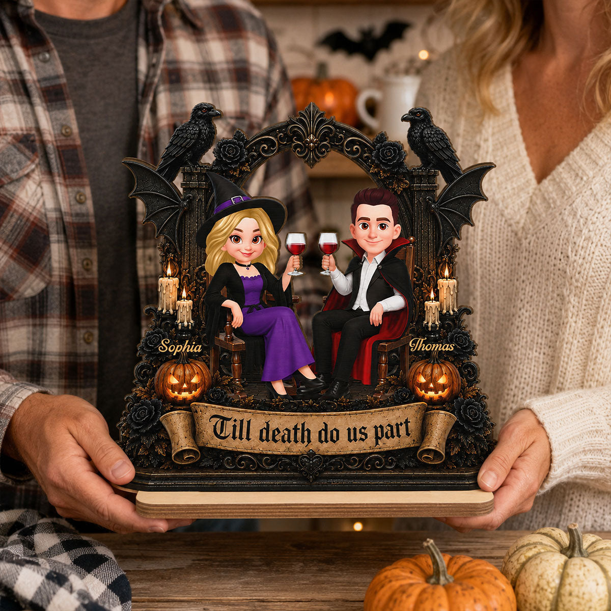 Till Death Do Us Part Halloween Couple Sitting 2D Flat - Personalized 2-Layered Wooden Plaque - Halloween Decor For Couple