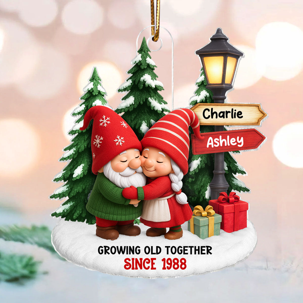 Gnome Couple on Snow - Personalized Acrylic Ornament - Christmas Gift For Couple, for Wife, for Husband