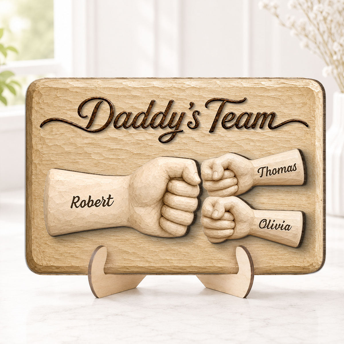 Sentimental Rustic Daddy's Team Fist Bump - Personalized 2-Layered Wooden Plaque -  Gift For Dad, Husband