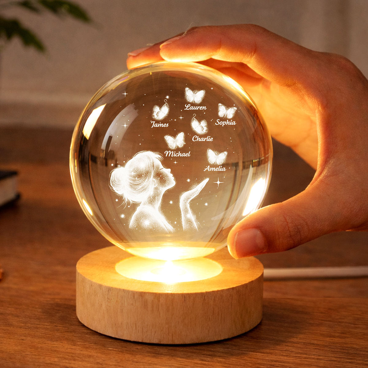 Grandma Mom Butterflies Kiss - Personalized Crystal Ball LED Night Light - Sentimental Gift for Grandma, Mom