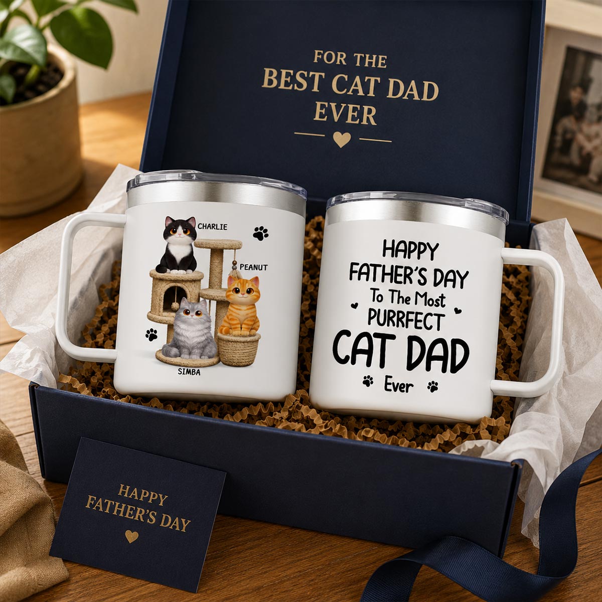 Happy Father's Day To The Most Purrfect Cat Dad Cute Cats On Cat Tree - Personalized Stainless Steel Tumbler With Handle - Father's Day Gift For Cat Dad
