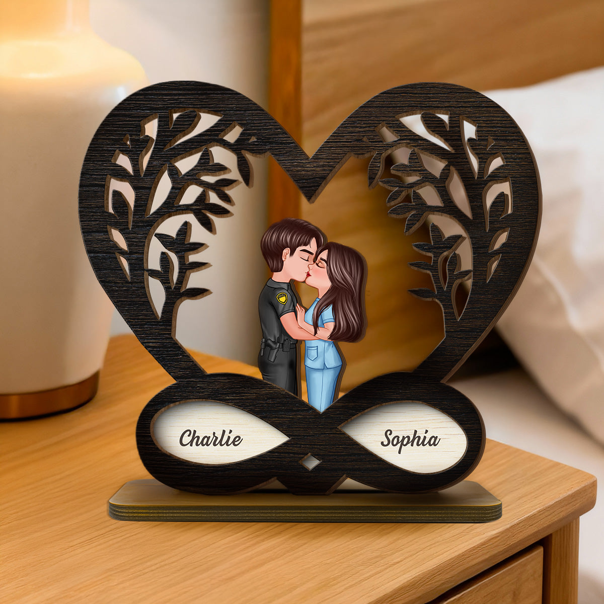 Couple Kissing Under Tree Rustic Infinity Heart - Personalized 2-Layer Wooden Plaque - Valentine's Day, Anniversary Gift For Him, For Her