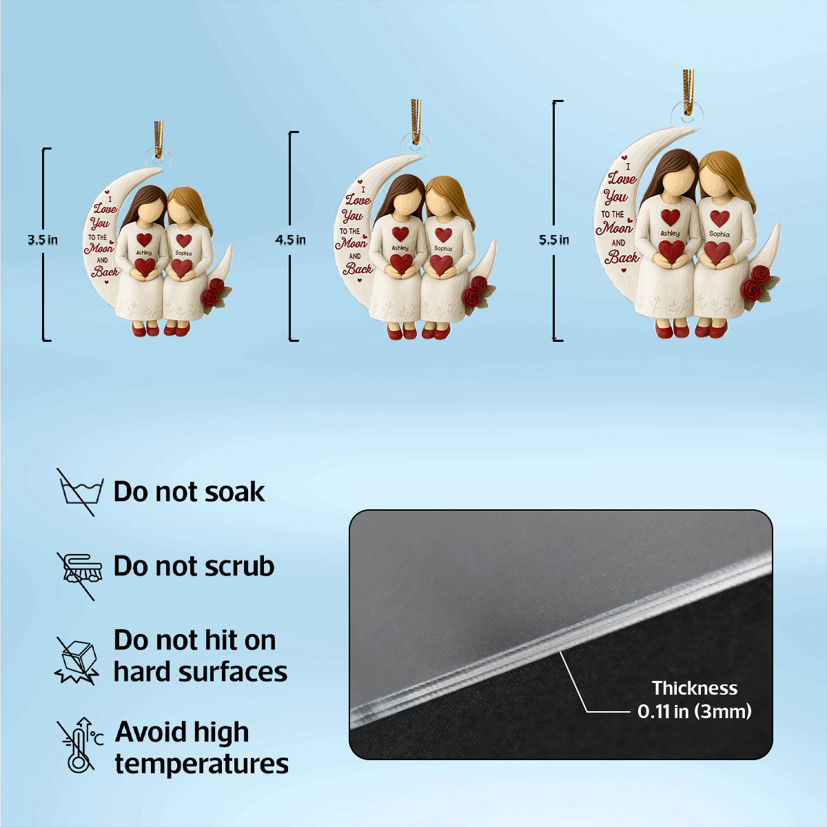 3D Effect Roses Besties On Moon - Personalized Wooden Ornament - Christmas Gift For Best Friends