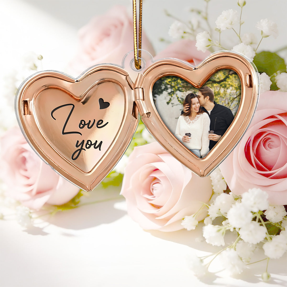 Couple Custom Photo Heart Locket Illustration 2D Flat - Personalized Acrylic Car Hanger Ornament - Gift For Her, Gift For Him