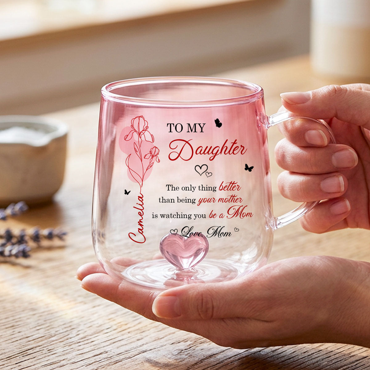 Watching You Be a Mom - Personalized Glass Mug - Custom Birth Month Flower, Heartfelt Mother's Day Gift for Daughter
