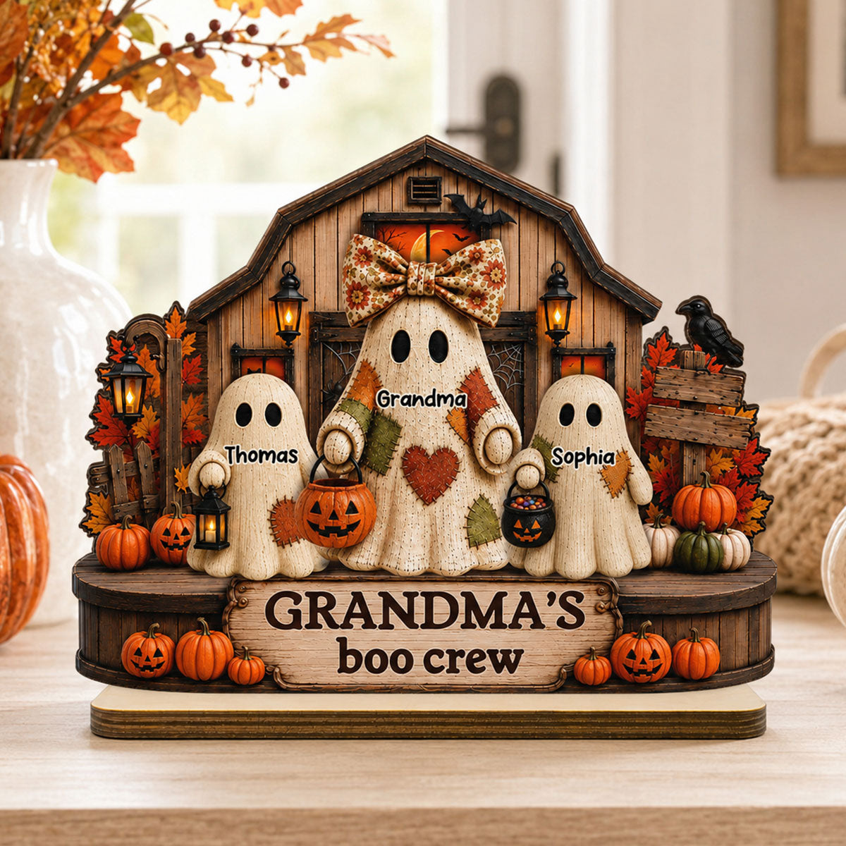 Fall Season Halloween Rustic Patchwork Style Grandma's Boo Crew - Personalized 2-Layered Wooden Plaque - Fall Halloween Decor For Grandma