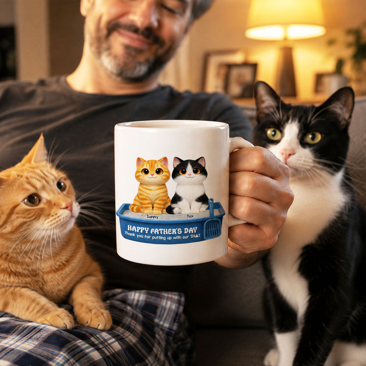 Cute Fluffy Cats Happy Father's Day Thanks For Feeding And Scooping Poo - Personalized Mug - Funny Father's Day Gift For Cat Dad, Cat Lovers