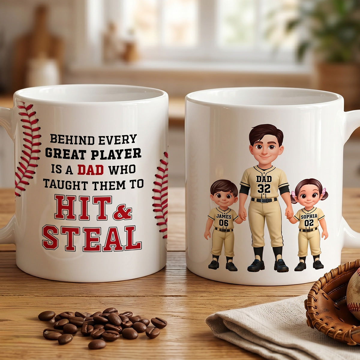 Thank You For Teaching Us To Hit & Steal Baseball Dad & Kids Standing - Personalized Mug - Father's Day Gift For Dad, Husband
