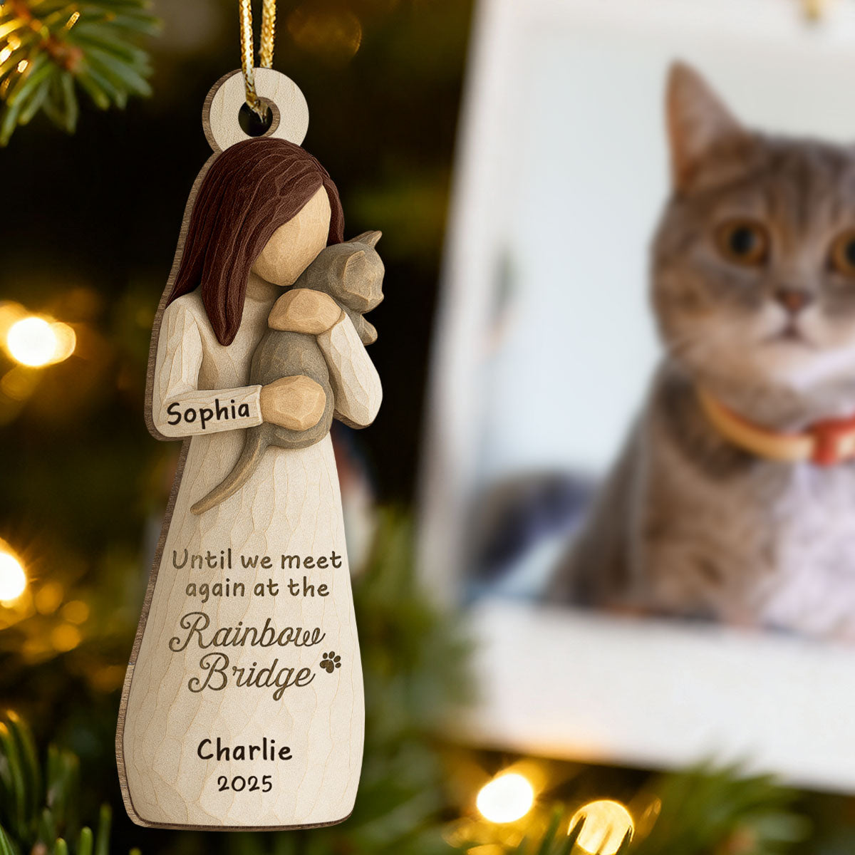 Until We Meet At Rainbow Bridge Woman & Cat 3D Effect - Personalized Wooden Ornament - Memorial Keepsake