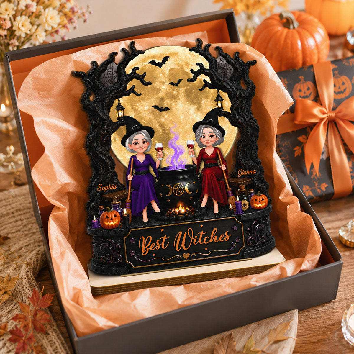 Best Witches In Moonlight 2D Flat - Personalized Wooden Plaque - Halloween Decoration