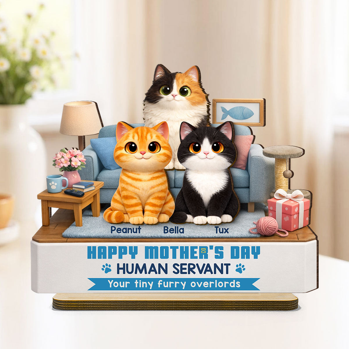 Cat Mom Cute Fluffy Cats Happy Mother's Day Human Servant - Personalized 2-Layered Wooden Plaque - Funny Mother's Day Gift For Cat Mom