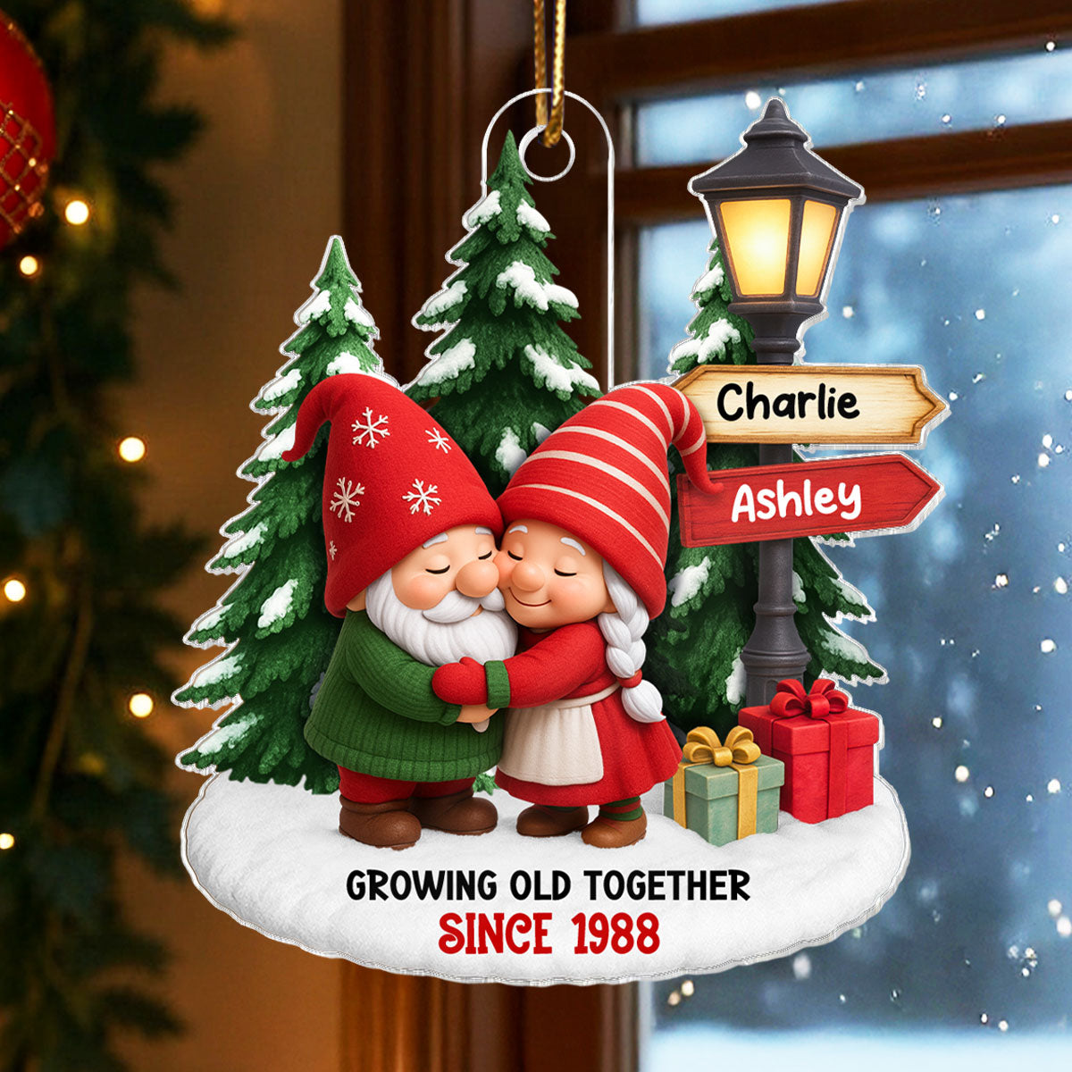 Gnome Couple on Snow - Personalized Acrylic Ornament - Christmas Gift For Couple, for Wife, for Husband