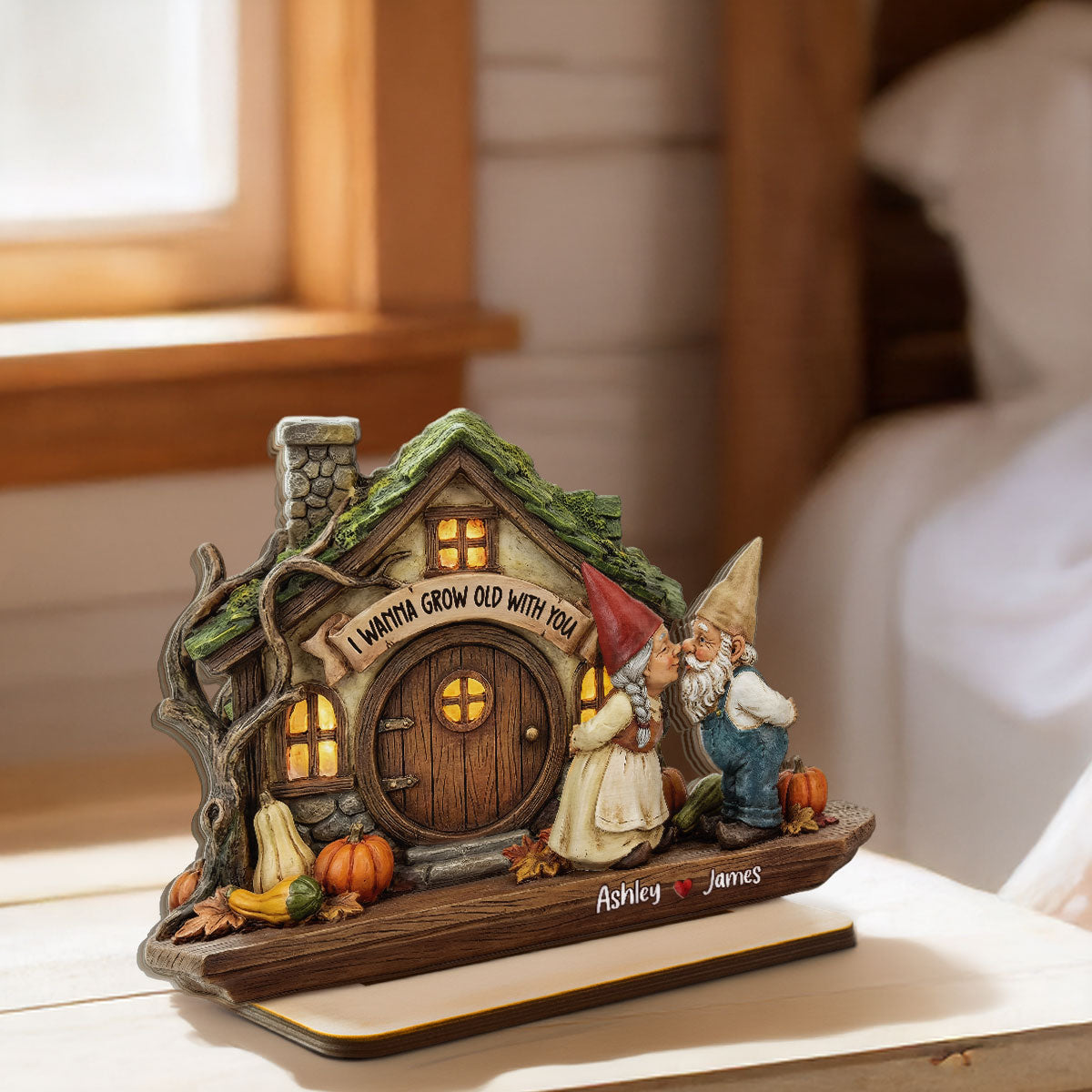 Wanna Grow Old With You Gnome Couple Kissing 2D Flat - Personalized 2-Layered Wooden Plaque - Anniversary, Valentine's Day Gift For Him, Gift For Her