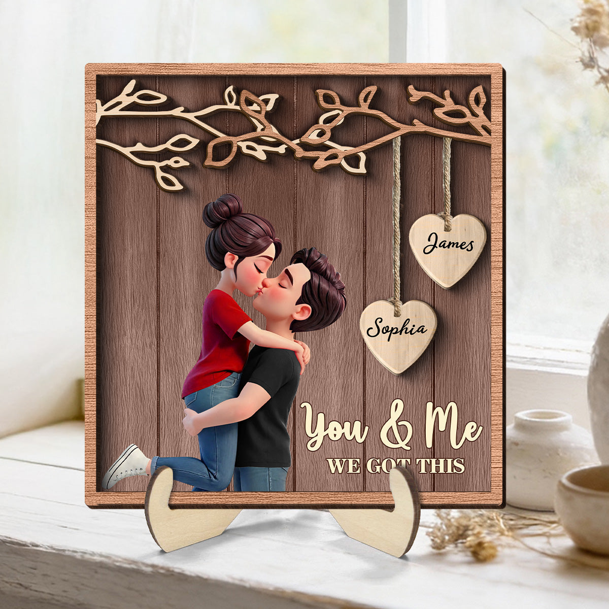 Couple Hugging Kissing Under Eternal Tree Of Love - Personalized 2-Layered Wooden Plaque - Gift For Couple