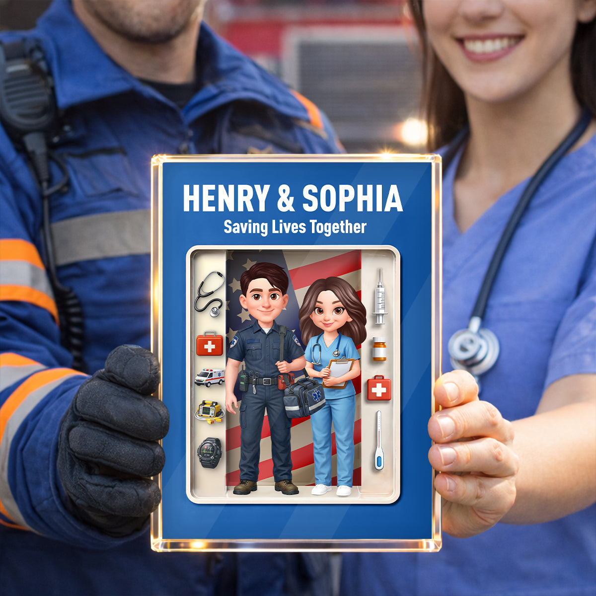 EMT & Nurse Couple 3D Action Figure - Personalized Acrylic Block Plaque - Heartfelt Gift for Him, for Her