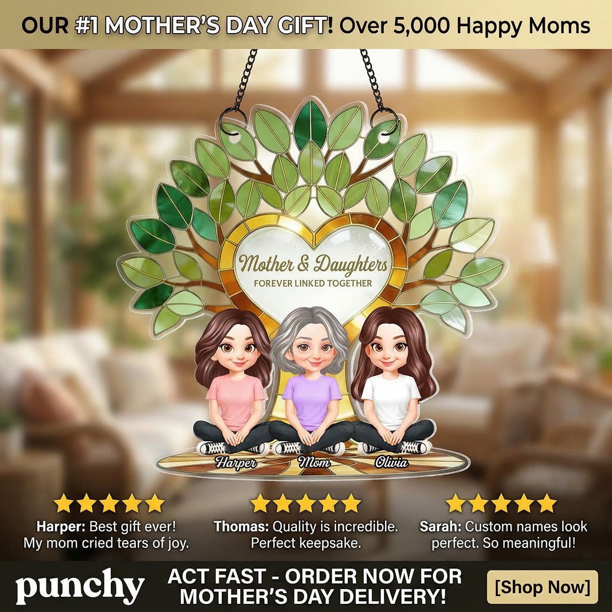 Mom And Son Daughter Under Green Family Tree Of Life - Personalized Suncatcher Ornament - Gift For Mom