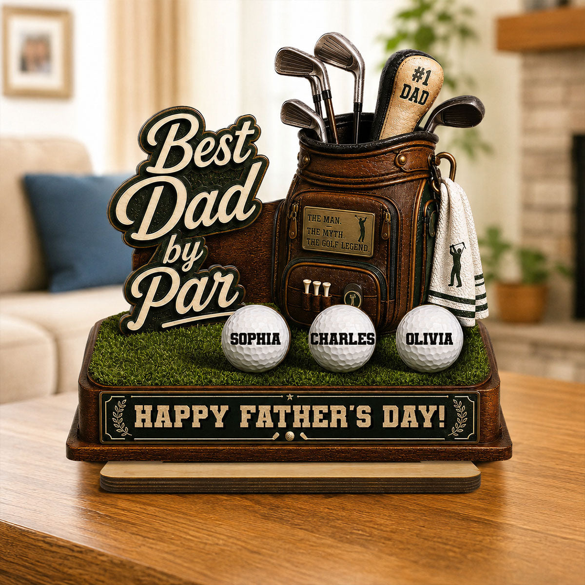 Best Dad By Par Custom Kid Name - Personalized 2-Layered Wooden Plaque -  Gift For Golf Dad