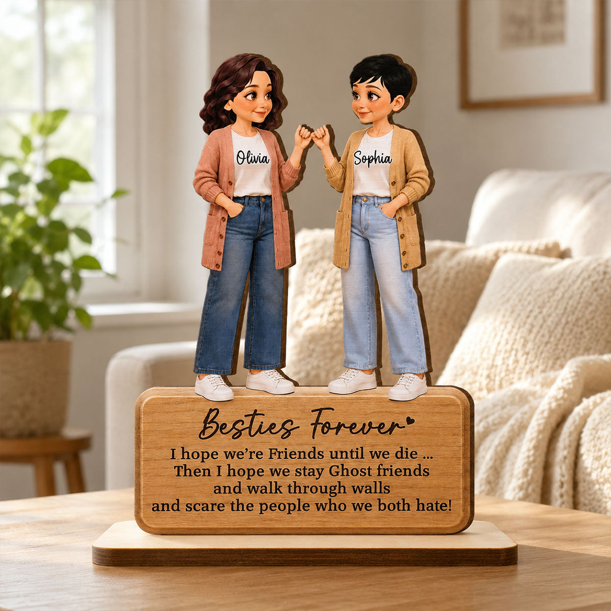 Pretty Besties Forever Pinky Promise 2D Flat - Personalized 2-Layered Wooden Plaque - Friendship Keepsake