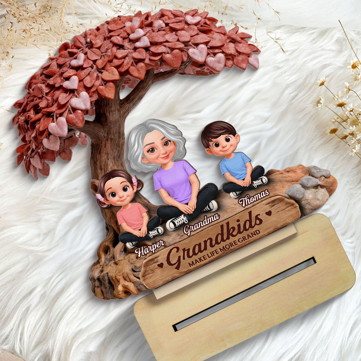 Grandma And Grandkids Under Heart Tree - Personalized 2-Layered Wooden Plaque - Gift For Grandma