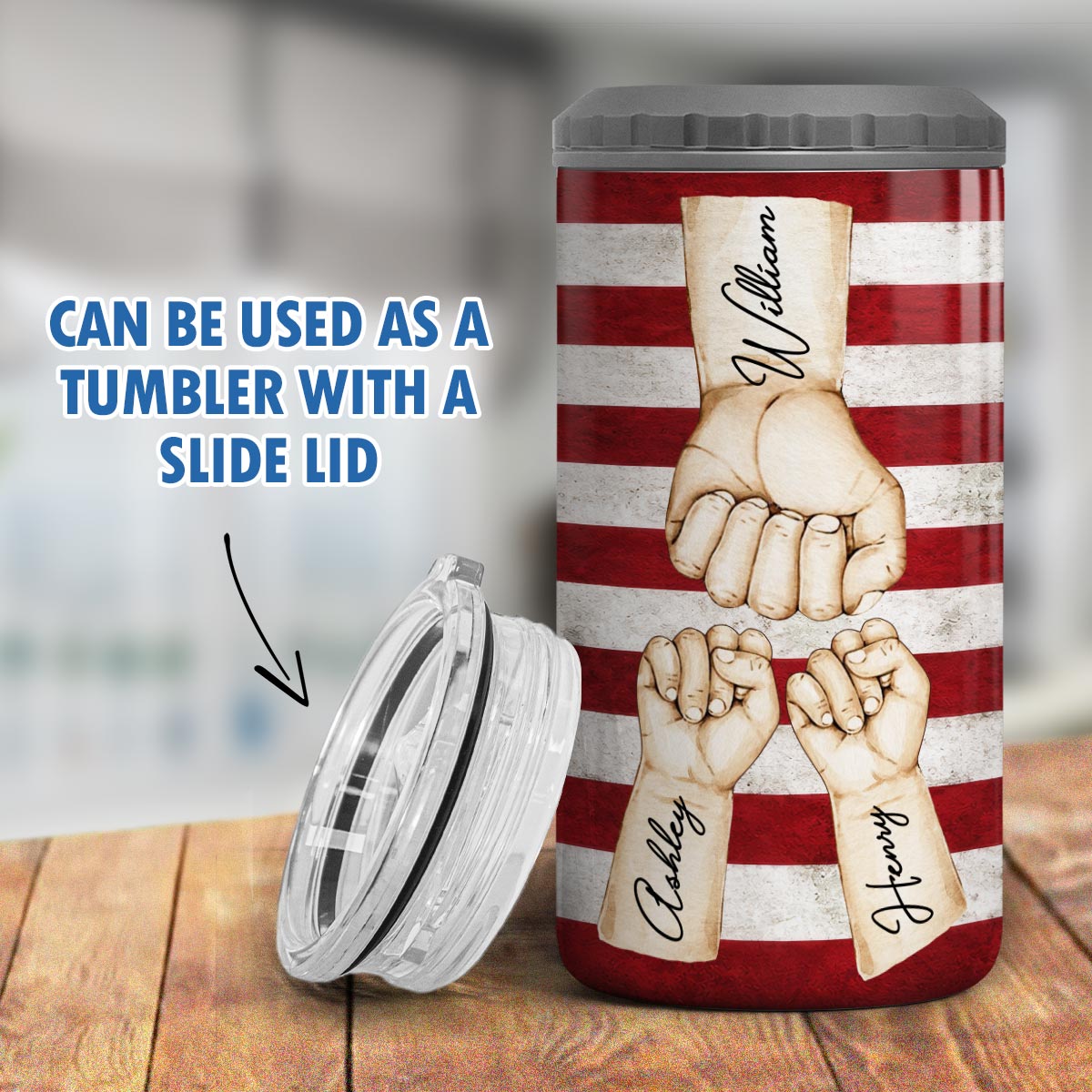 Proud American Dad Grandpa & Kids Fist Bumps - Personalized 4-in-1 Can Cooler - 4th Of July, American 250th Anniversary Gift For Patriotic Dad, Grandpa