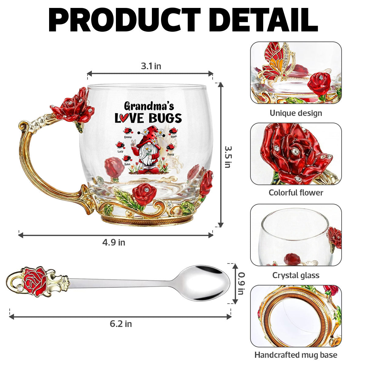 Grandma's Love Bugs - Personalized Enamel Flower Tea Cup - Gift For Grandma, Mom