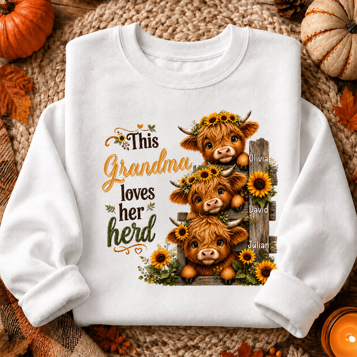 Highland Cow Grandma Loves Her Herb - Personalized Shirt - Fall Season Gift, Gift For Grandma