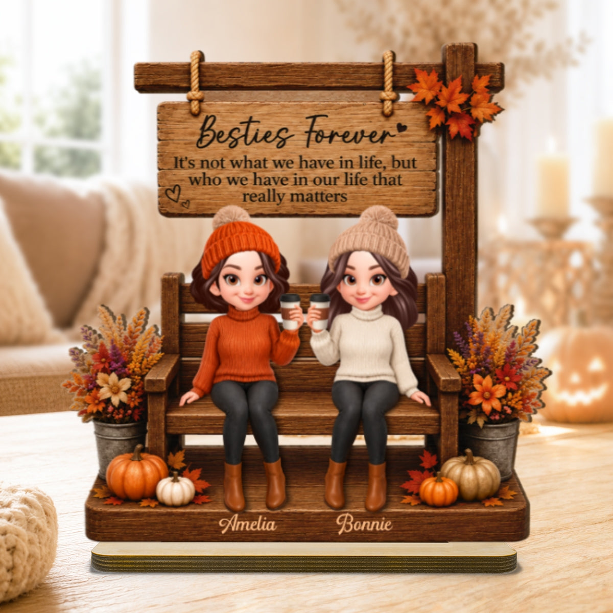Fall Season Besties Under Sign Post 2D Flat - Personalized Wooden Plaque