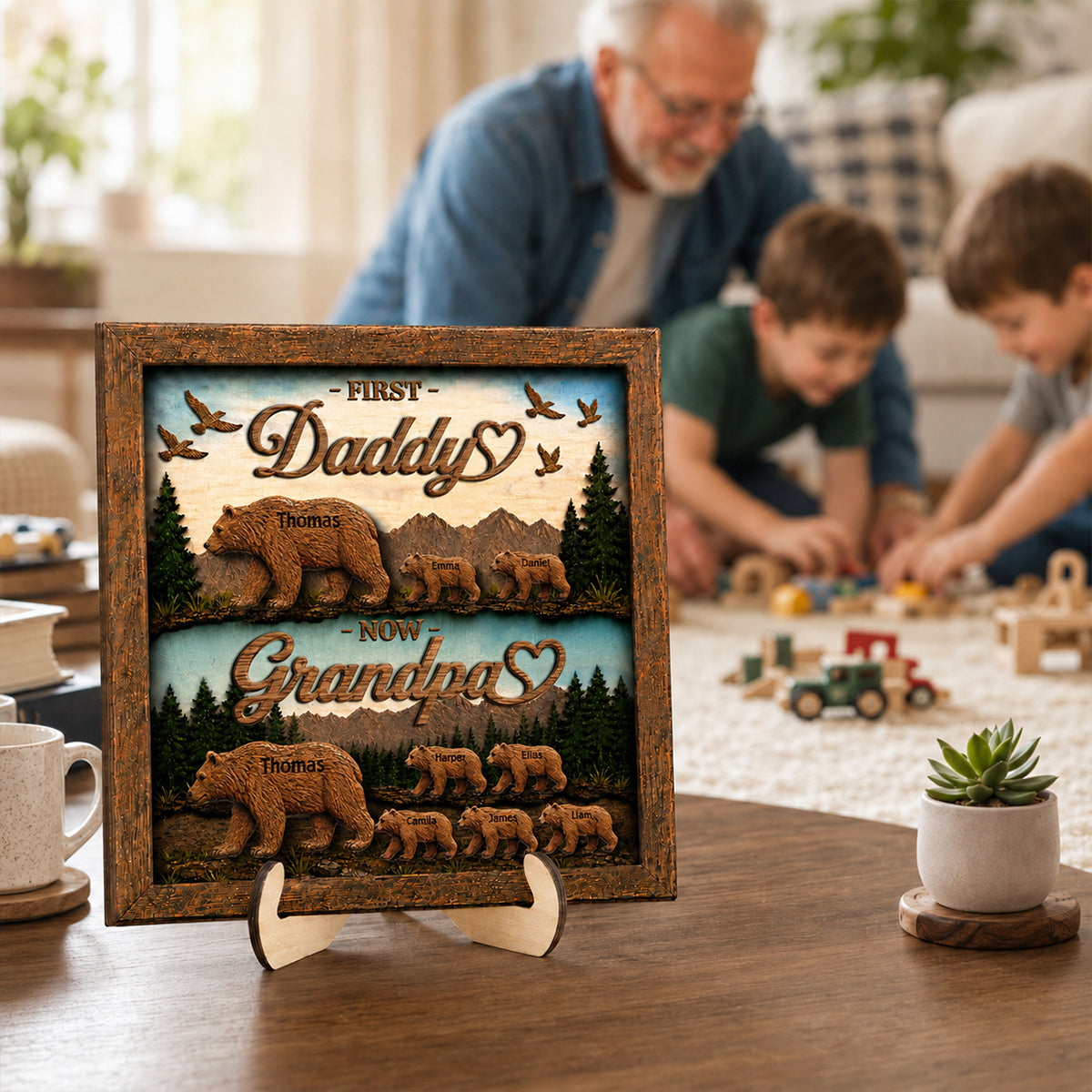 First Dad Now Grandpa Bear with Kids Name - Personalized 2-Layered Wooden Plaque