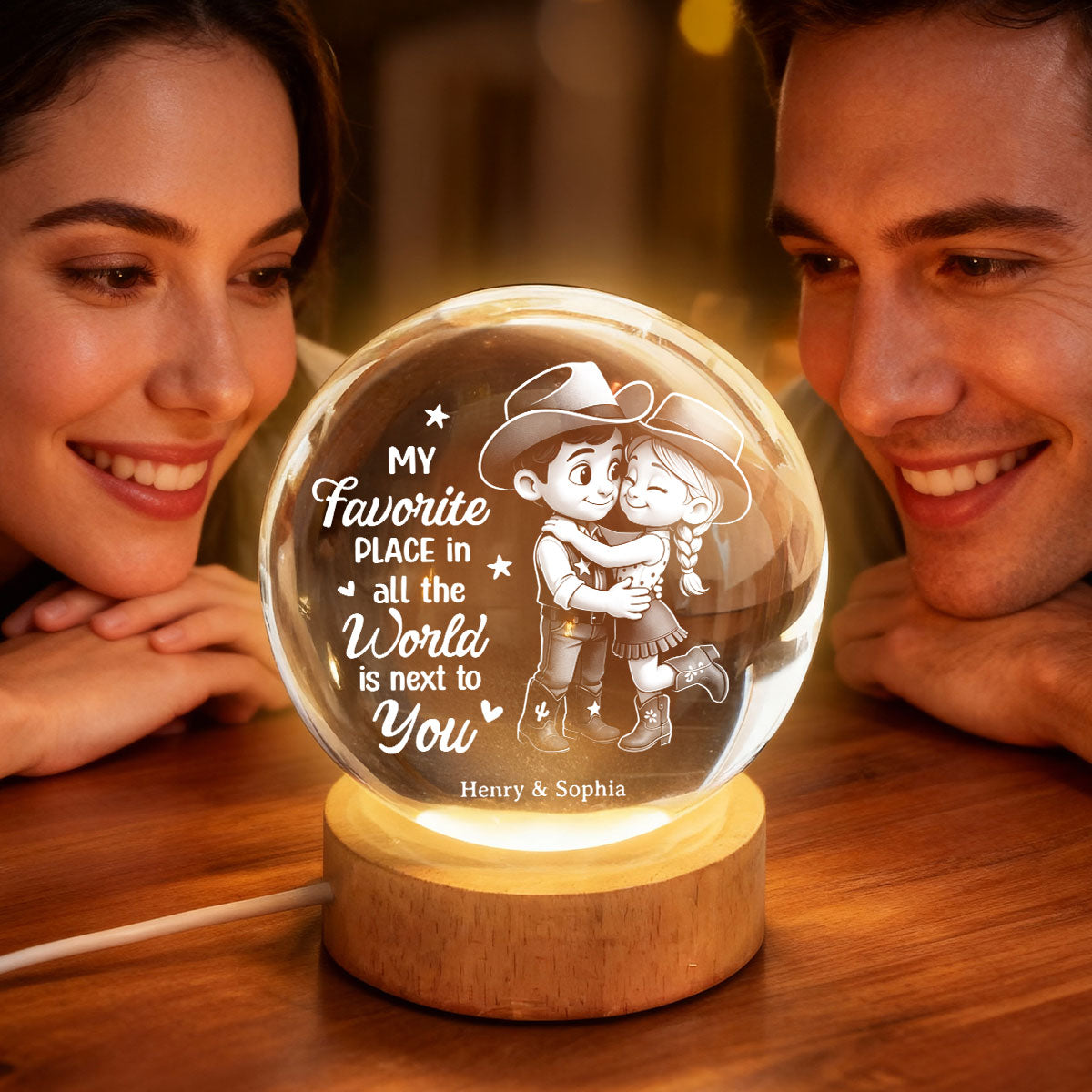 Countryside Couple Cowboy Cowgirl - Personalized Crystal Ball LED Night Light - Anniversary, Valentine's Day Gift, Gift For Him, Gift For Her