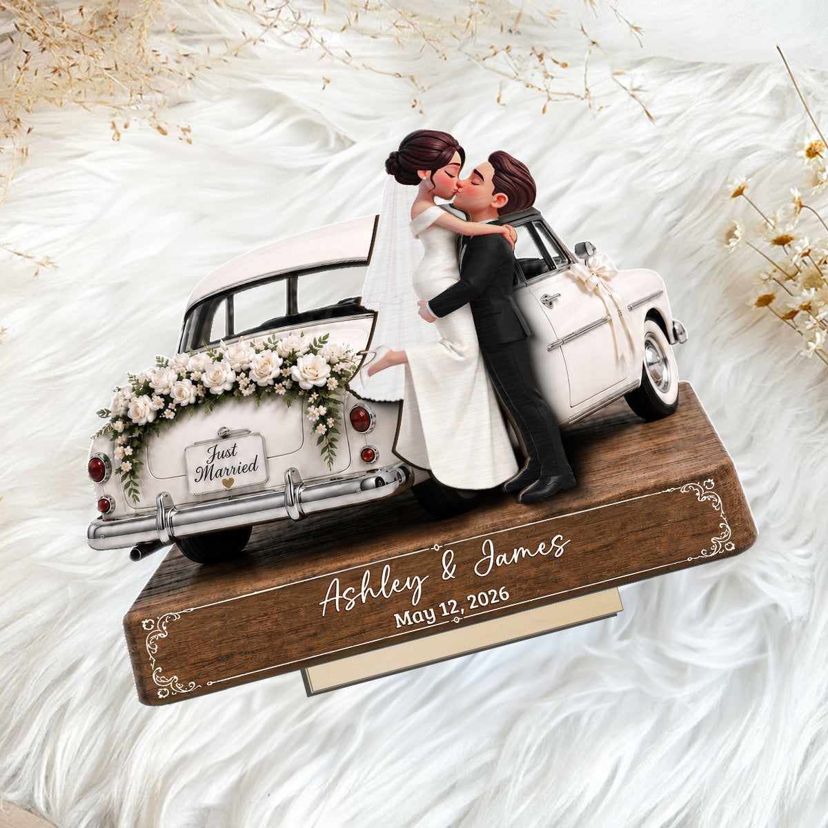Newlywed Couple Wedding Car 2D Flat - Personalized Wooden Plaque - Wedding Gift Anniversary Gift Newlywed Gift