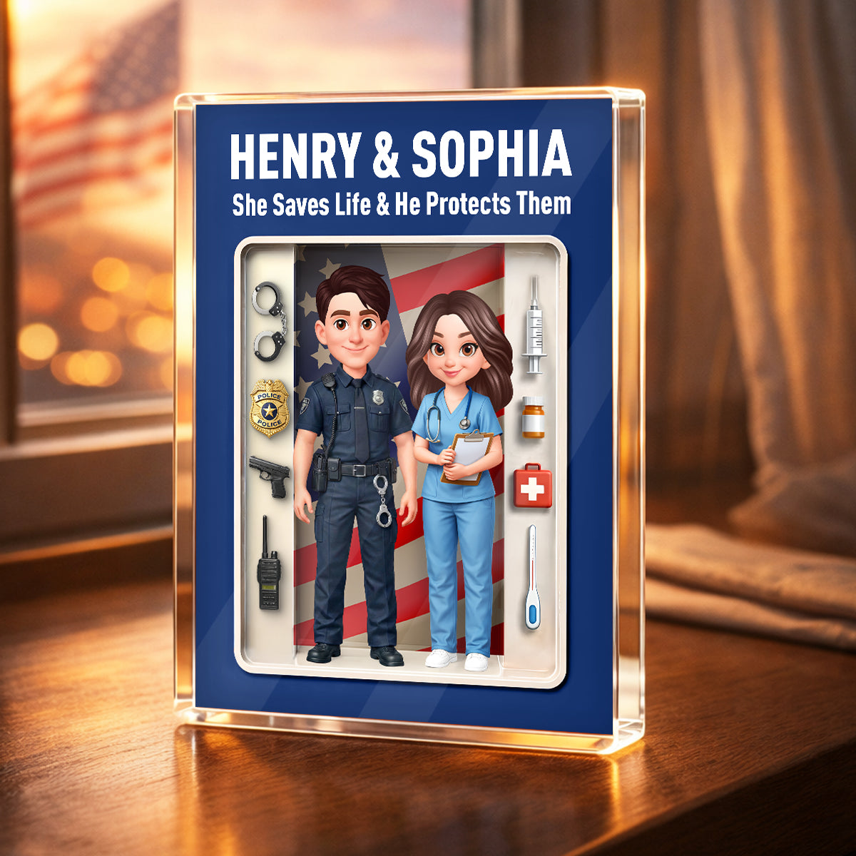 Police & Nurse Couple 3D Action Figure - Personalized Acrylic Block Plaque - Heartfelt Gift for Him, for Her