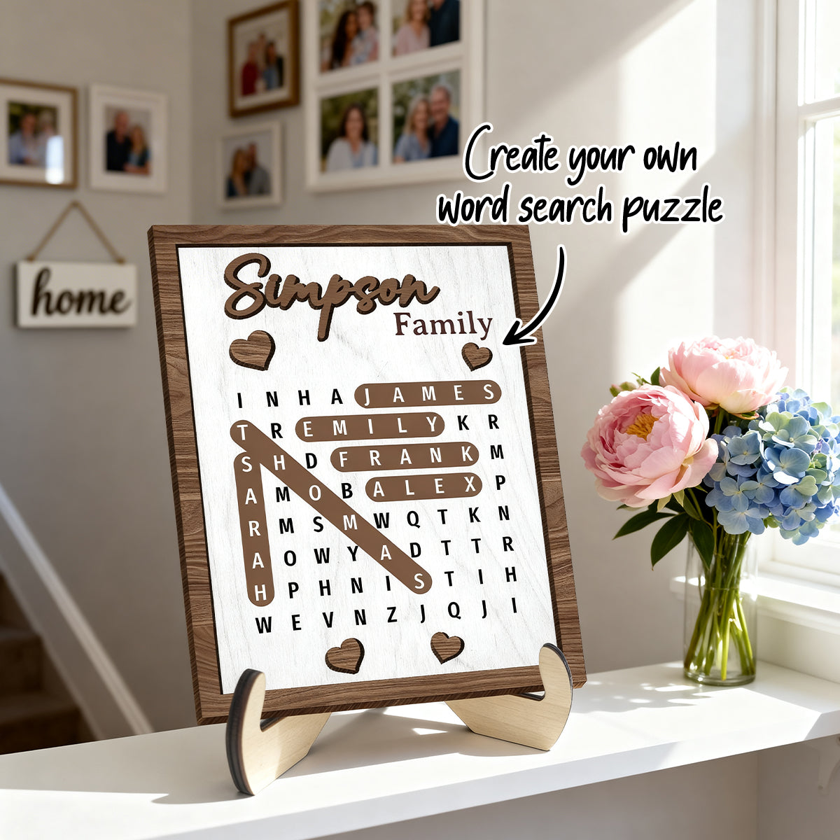 Family Word Search Puzzle Sign - Personalized 2-Layered Wooden Plaque - Gift for Mom, Dad, Grandparents