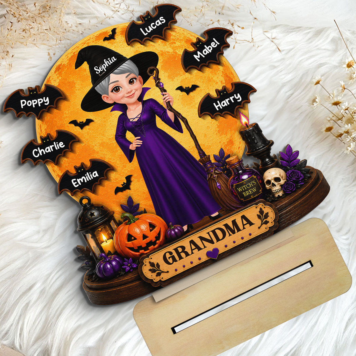 Grandma Witch Under Full Moon 2D Flat - Personalized Wooden Plaque - Halloween Decor For Grandma