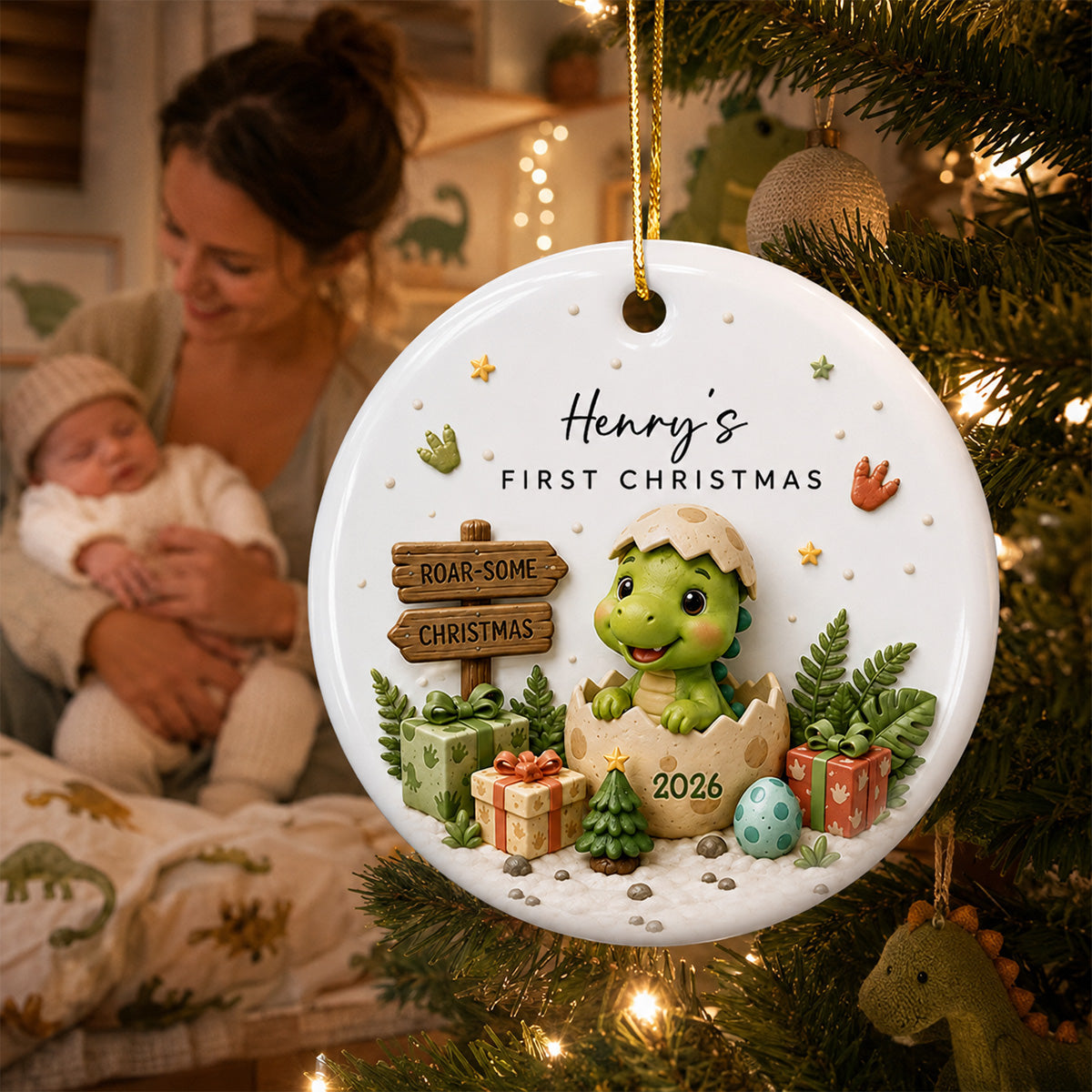 Baby Dinosaur First Christmas 2D Flat - Personalized Ceramic Ornament - Christmas Keepsake