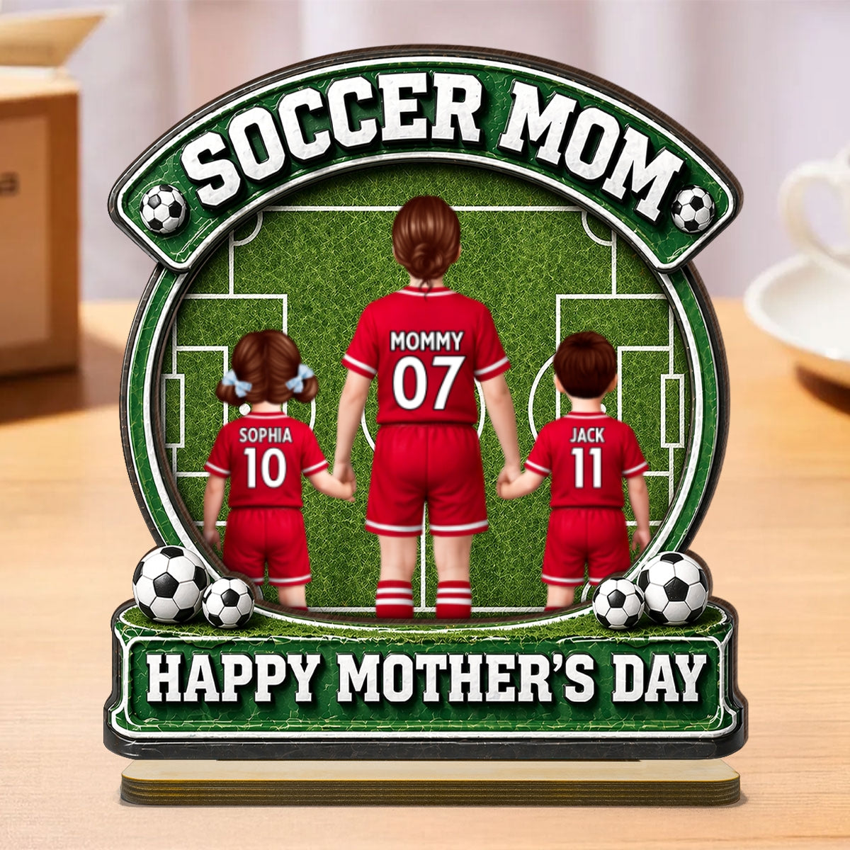 Soccer Mom Back View And Kids - Personalized 2-Layered Wooden Plaque - Heartfelt Gift For Soccer Mom, Gift For Wife