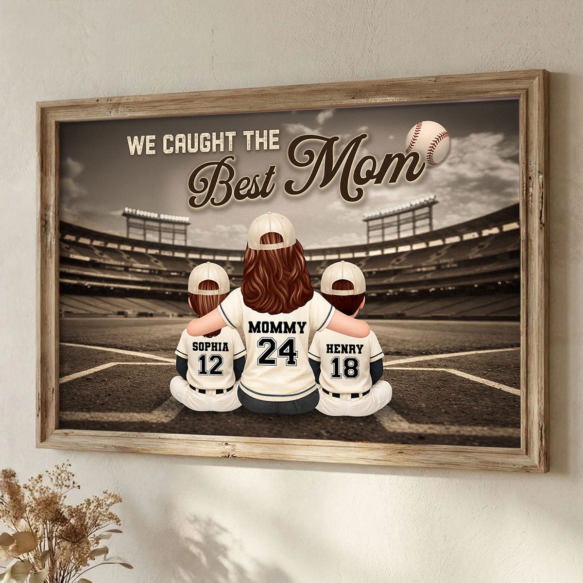 Baseball Mom And Kids Retro Wall Art - Personalized Poster - Sentimental Mother's Day Keepsake for Mom, Wife