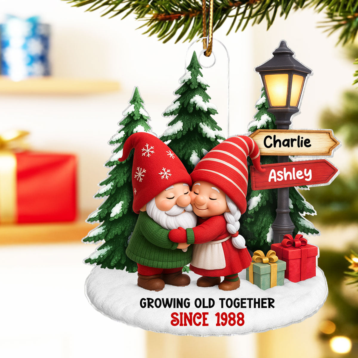 Gnome Couple on Snow - Personalized Acrylic Ornament - Christmas Gift For Couple, for Wife, for Husband