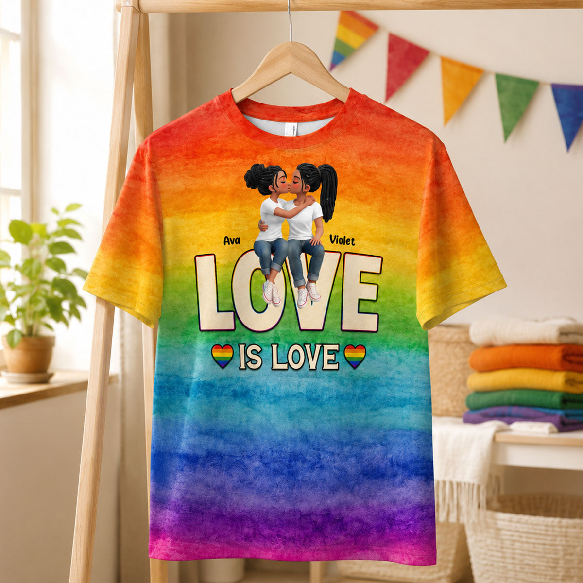 LGBT+ Watercolor Flag Couple Love Is Love - Personalized Shirt - Matching Shirts For Couple, Happy Pride Month