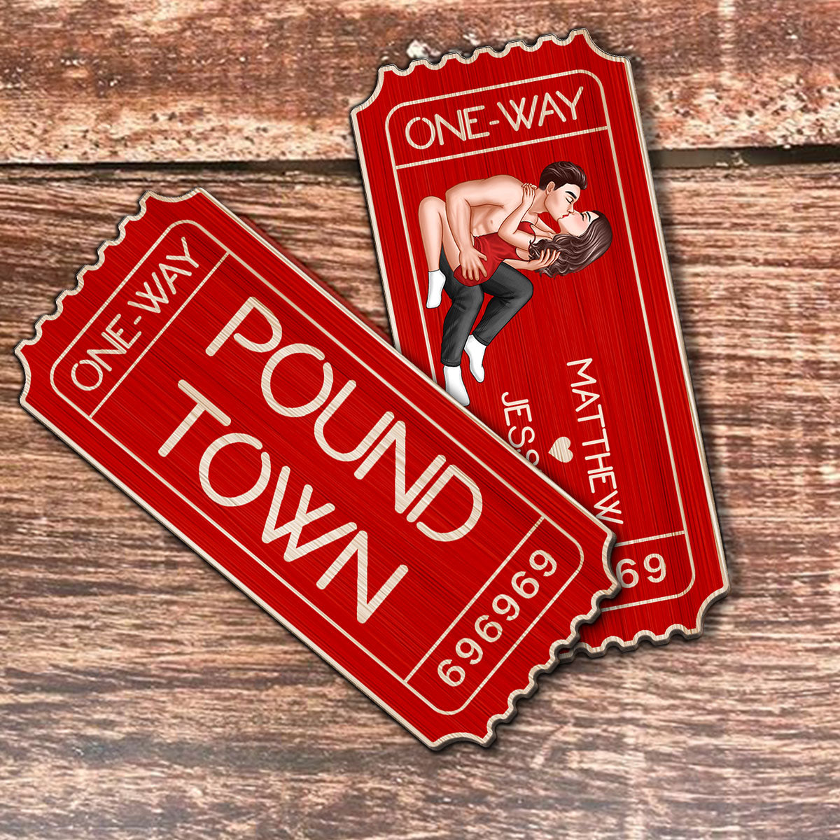 Funny Inappropriate Couple Pound Town Ticket - Personalized Wooden Ornament - Gift For Him, Gift For Her