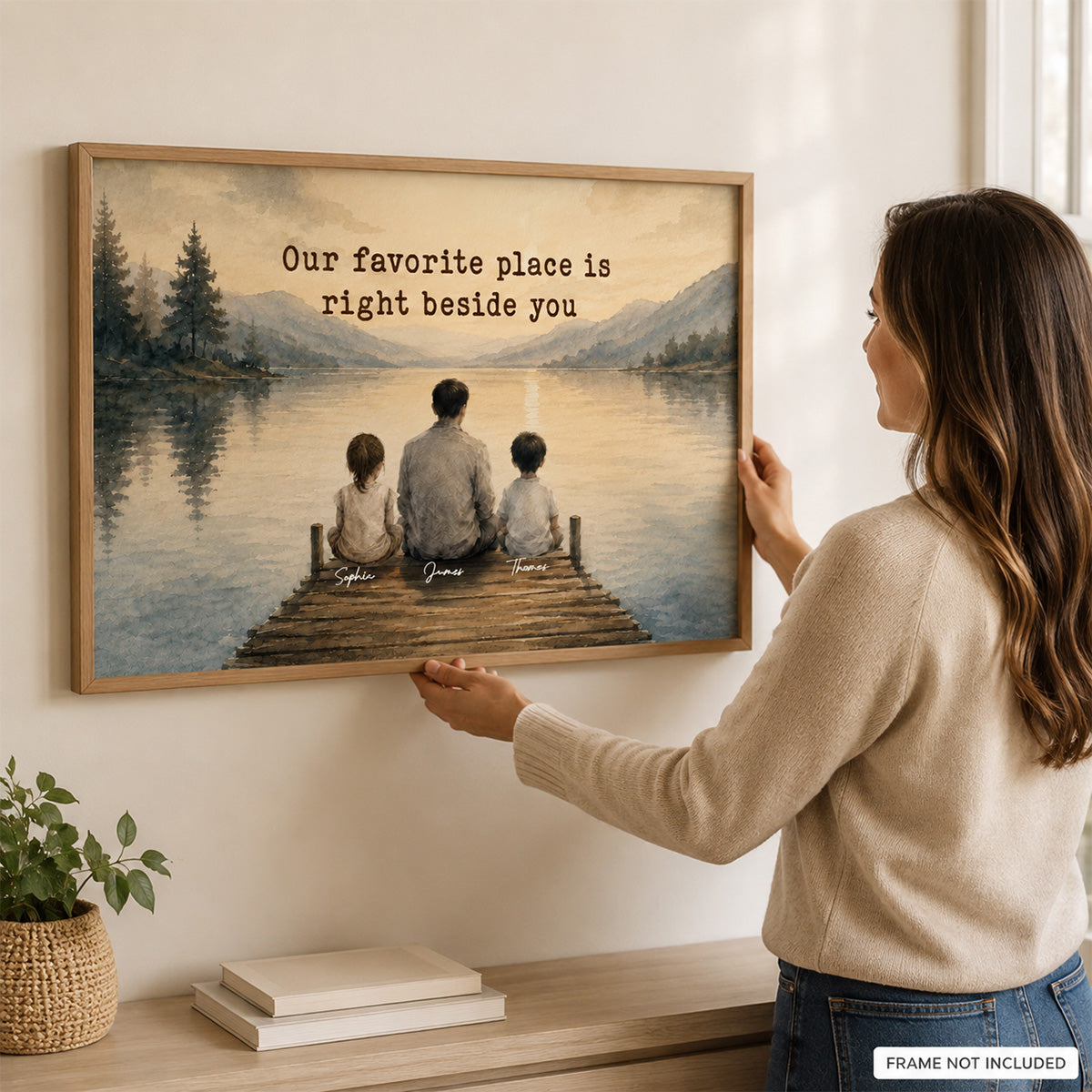 Peaceful Lakeside Dad And Kids Watercolor Style - Personalized Poster