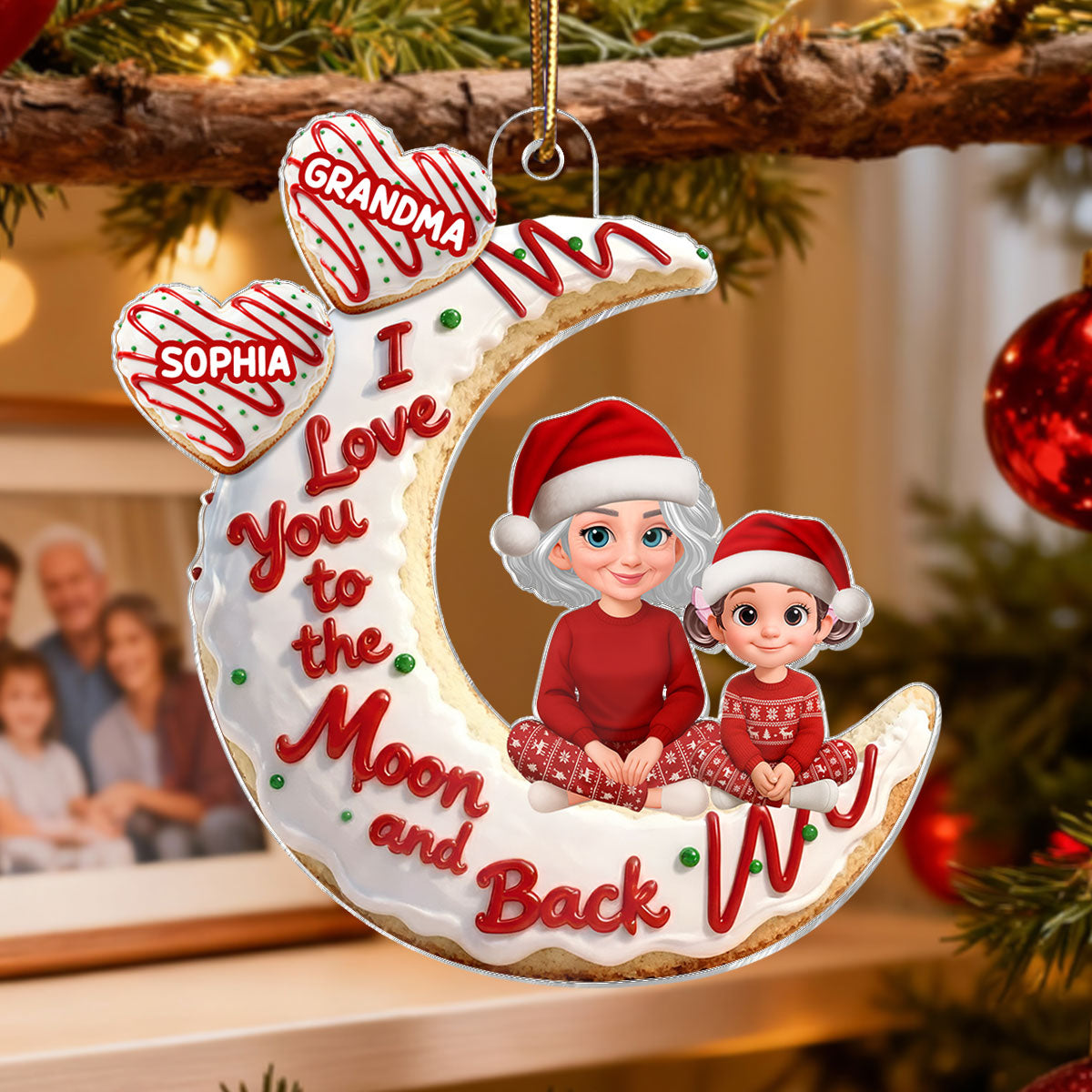 3D Effect Christmas Tree Cake Moon Grandma Grandkid Love You To The Moon And Back - Personalized Acrylic Ornament - Christmas Gift For All Grandkids