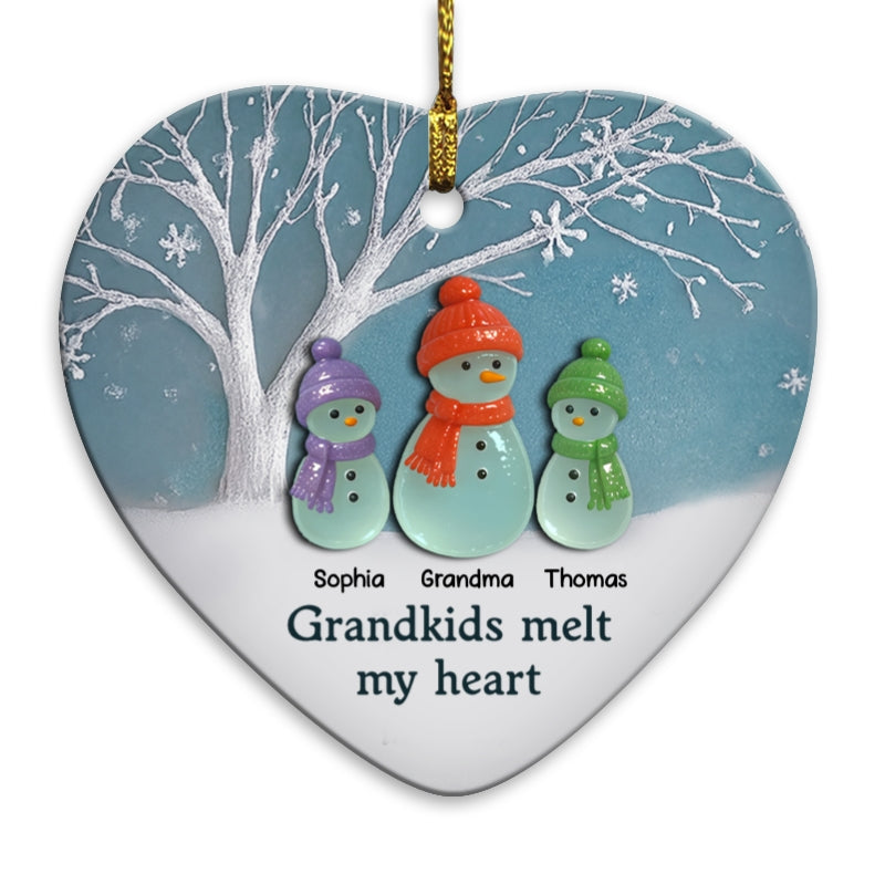 3D Effect Sea Glass Snowman Grandma & Grandkids - Personalized Ceramic Ornament - Christmas Gift For Grandchildren, Grandma