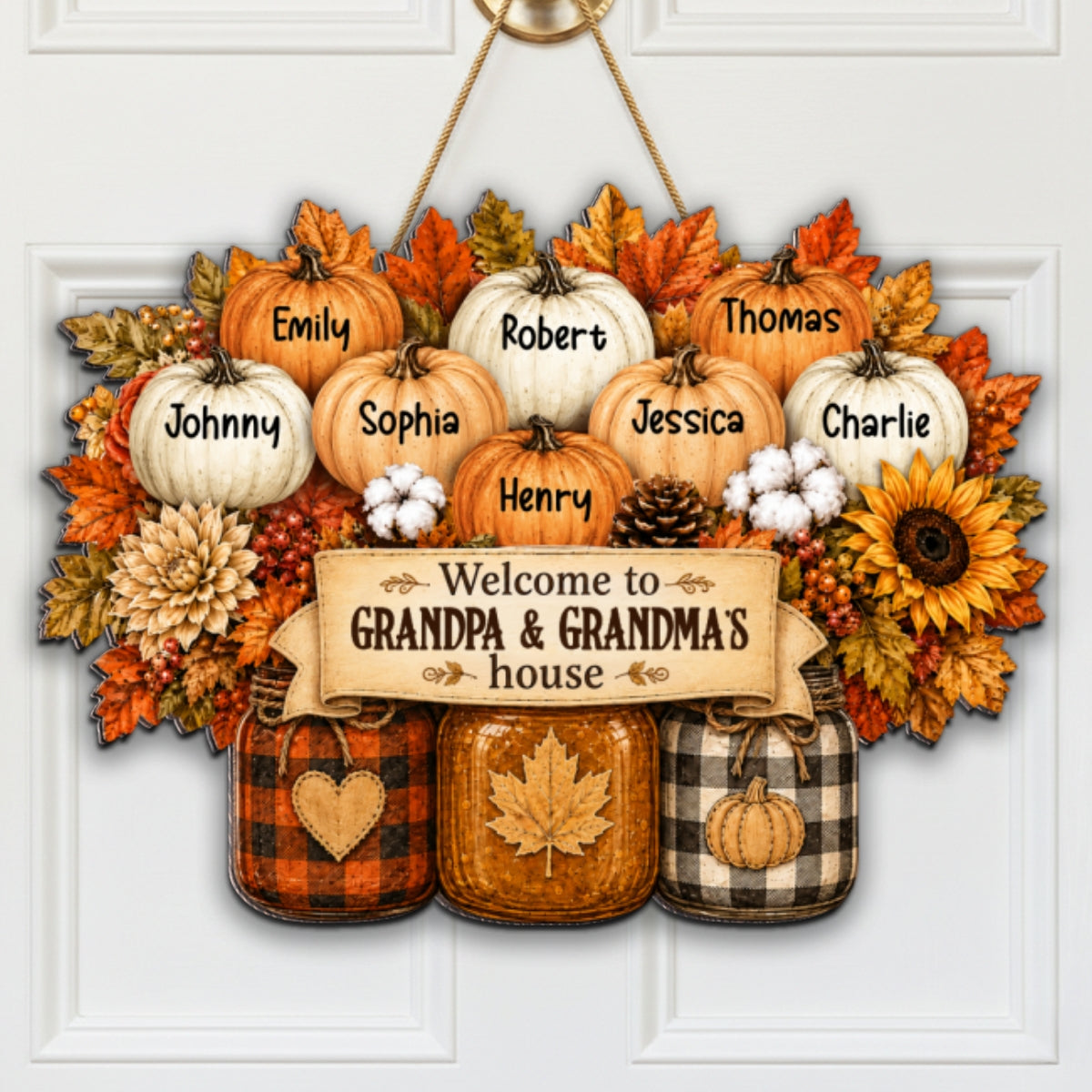 Cozy Warm Fall Season Mason Jars Pumpkins Welcome To Grandma Grandpa House - Personalized Wood Sign - Fall Decor For Grandparents (Up to 20 Grandkids)