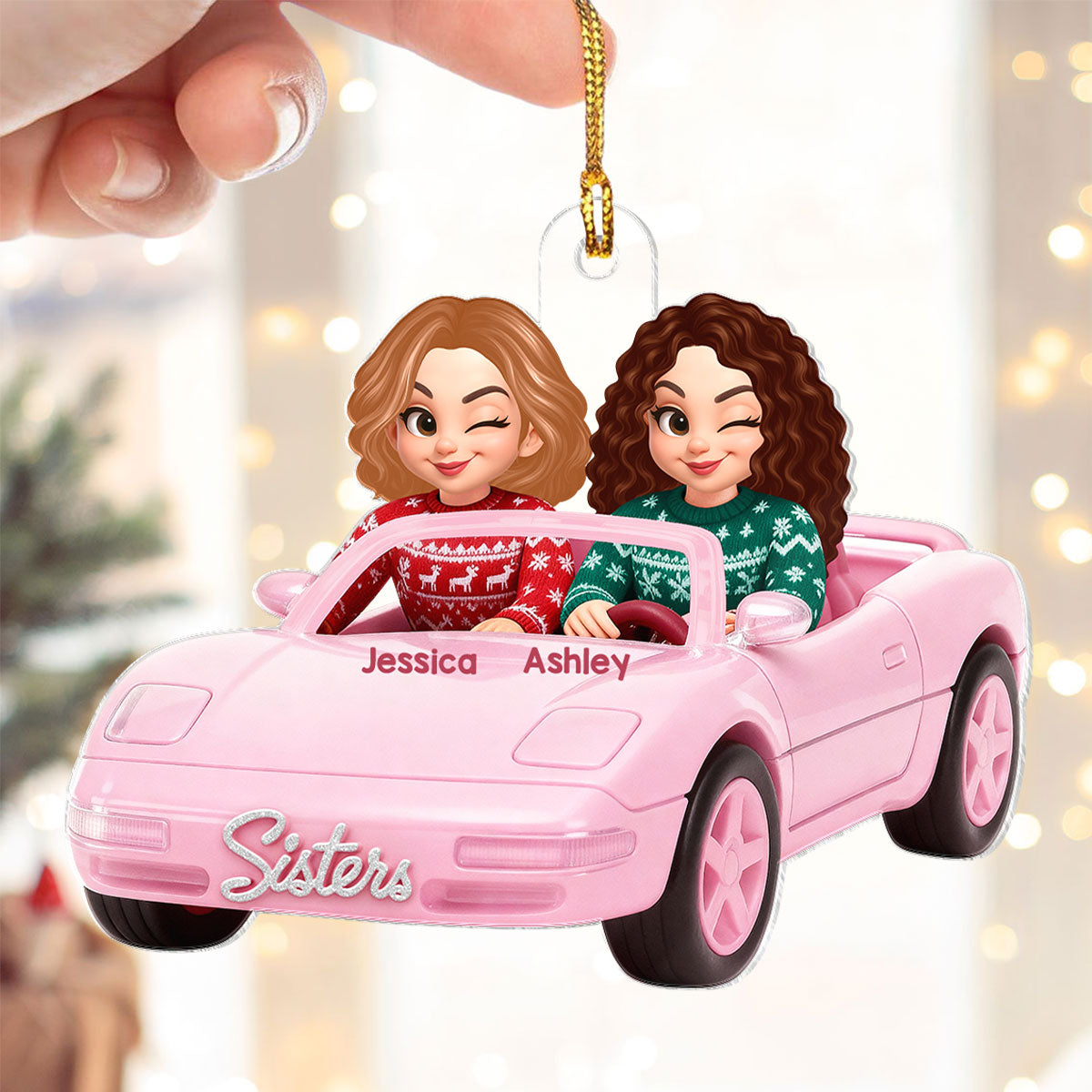 Doll Besties Driving Pink Car - Personalized Acrylic Ornament - Christmas Gift for Besties