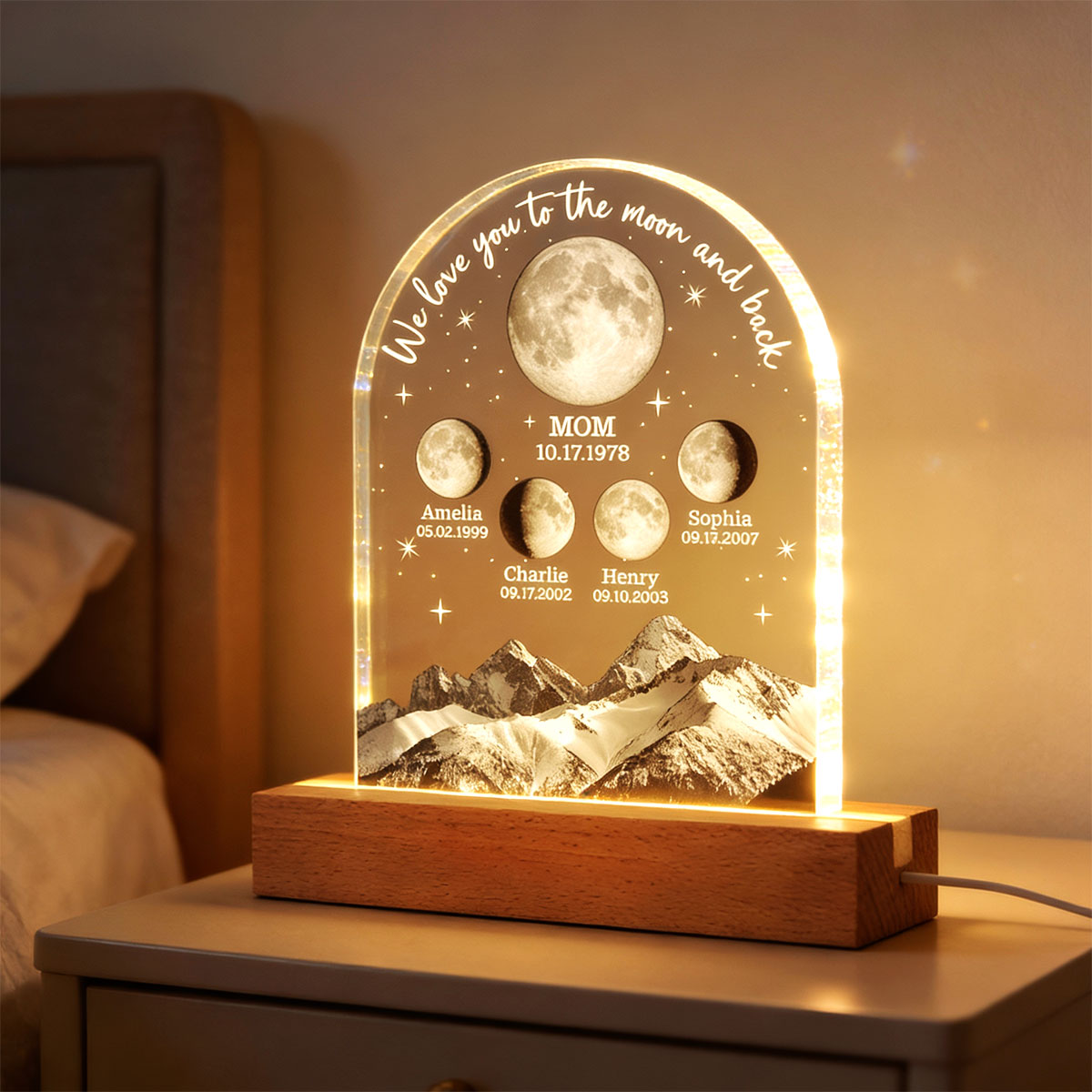 We Love You to the Moon and Back Custom Moon Phase by Date - Personalized Acrylic Block LED Night Light - Gift for Dad, Mom