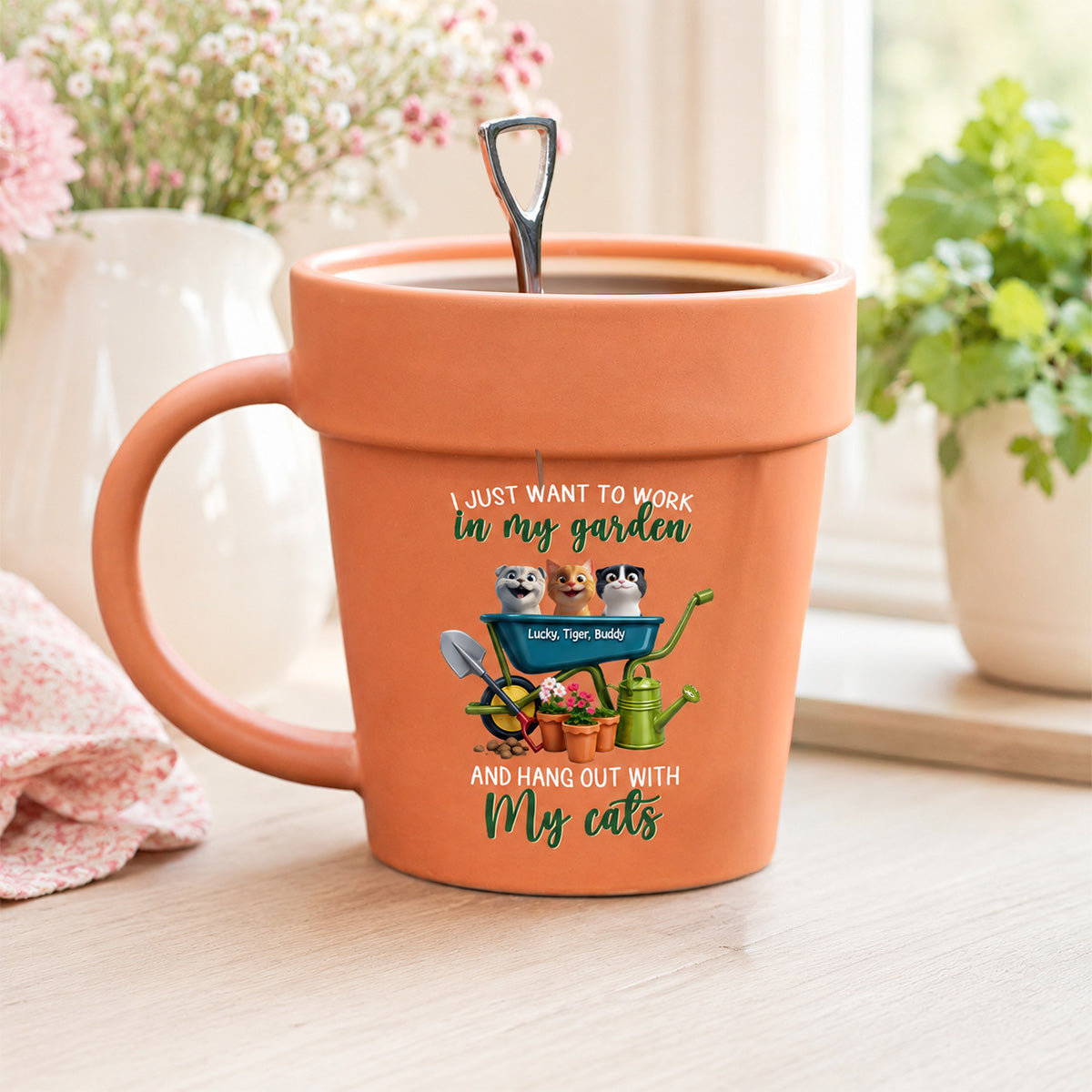 Just Want To Work In My Garden With My Cats - Personalized Plant Pot Ceramic Mug - Gift For Gardening Lovers